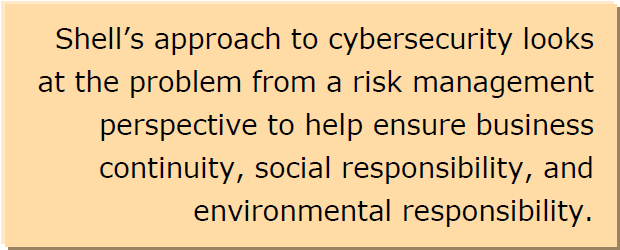 Shell’s approach to cybersecurity looks at the problem from a risk management perspective to help ensure business continuity, social responsibility, and environmental responsibility.