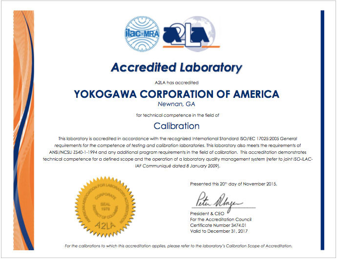 ISO 17025 Certificate Yokogawa America